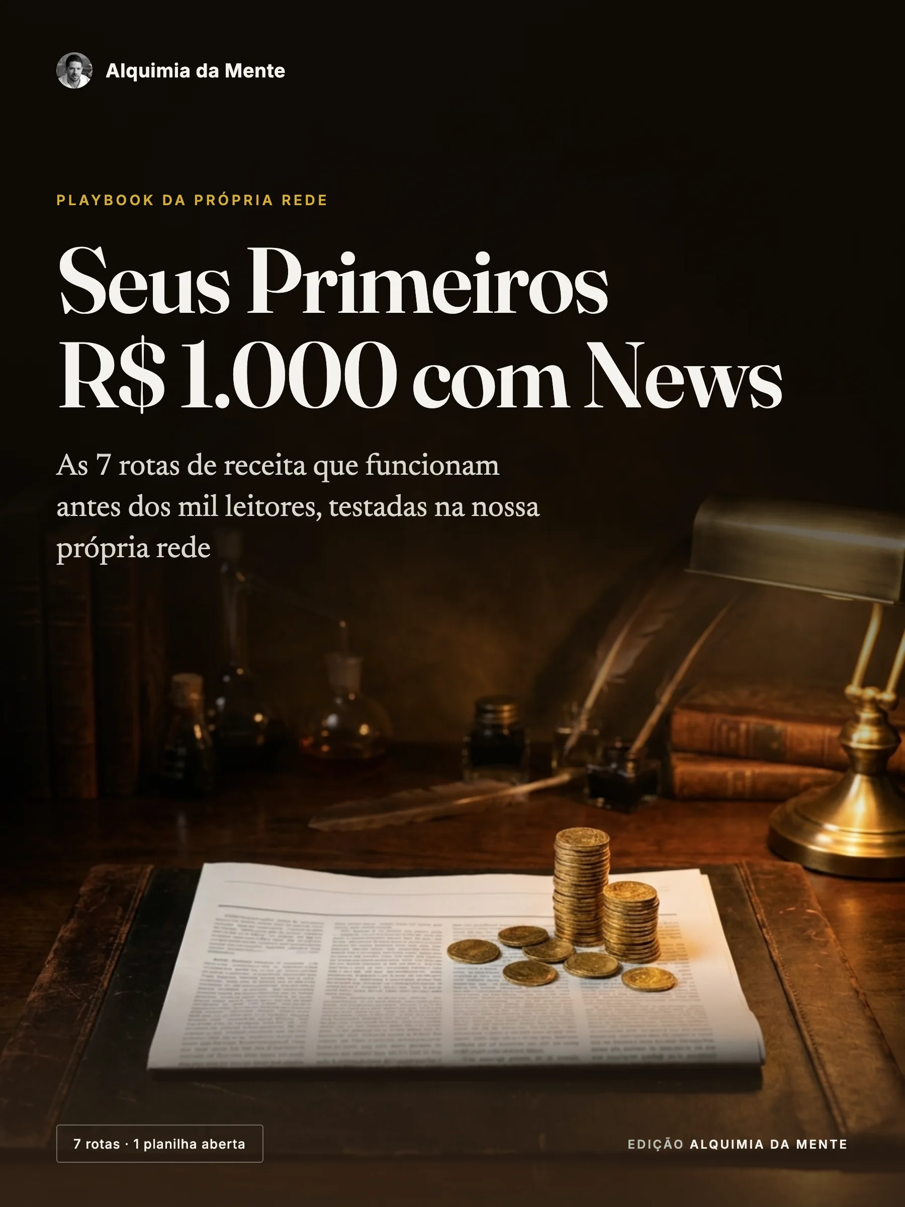 Capa do guia Seus Primeiros R$ 1.000 com News, da Alquimia da Mente