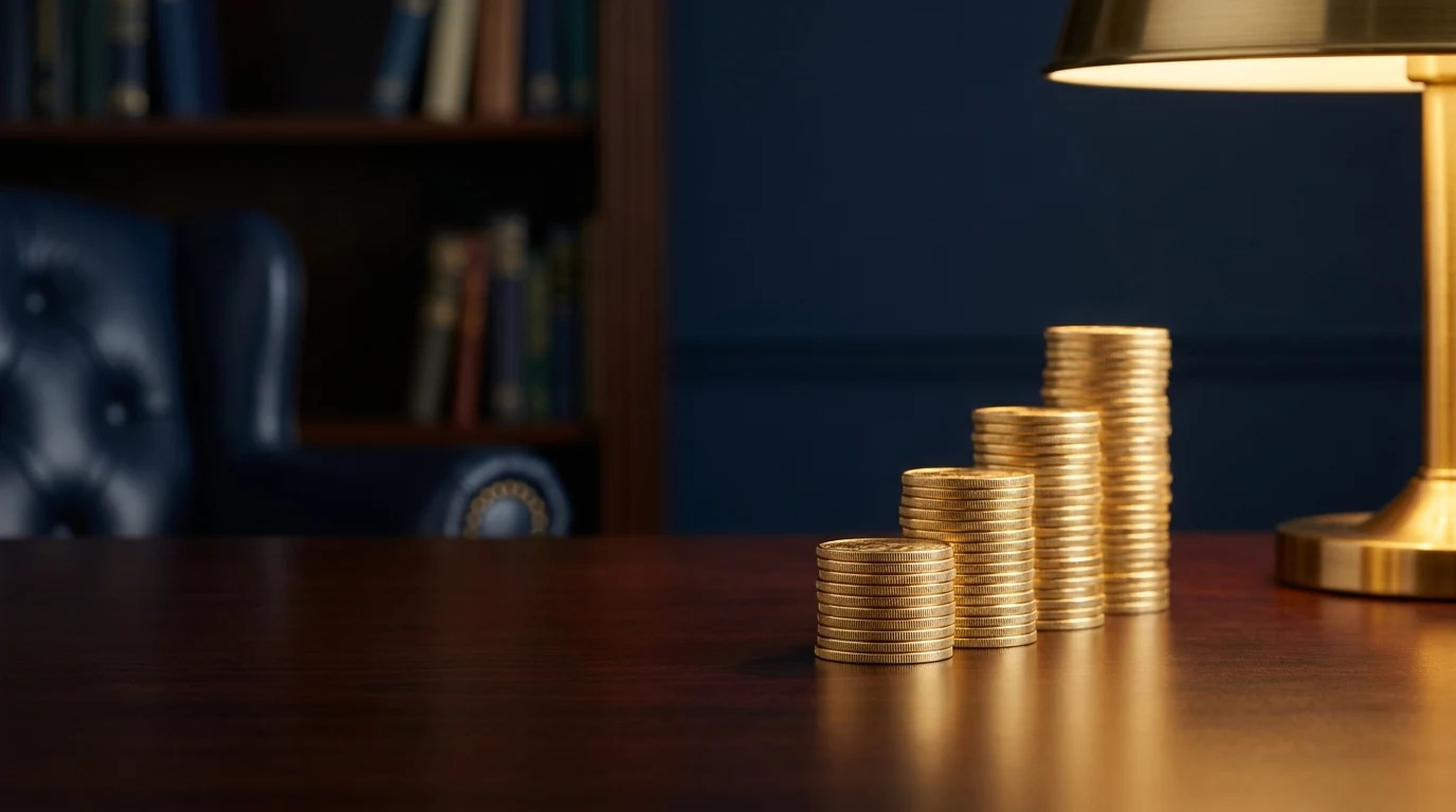 Pilha de moedas de ouro em degraus crescentes sobre mesa de biblioteca, luz de abajur dourado